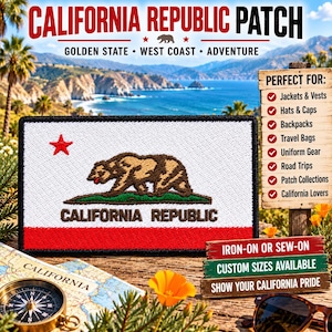 Puede incluir: Un parche rectangular bordado con el diseño de la bandera del estado de California, que presenta un fondo blanco, una estrella roja, un oso pardo, una franja de hierba verde y el texto CALIFORNIA REPUBLIC en marrón con borde negro.