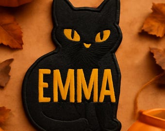 Custom Halloween Black Cat Name Patches for Kids, Custom Name Patch, Iron on Embroidered Patch for Backpacks,  Spooky Season Name Patch
