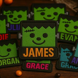 May include: A collection of embroidered patches featuring a green Frankenstein monster design with personalized names. The names are in various colors, including red, orange, and purple, on a black background. The patches are arranged on a wooden surface.