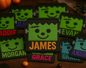Custom Halloween Frankenstein Name Patches for Kids, Custom Name Patch, Iron on Embroidered Patch for Backpacks,  Spooky Season Name Patch