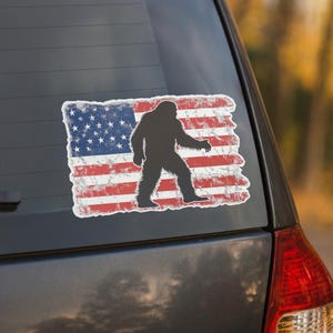 American Flag Sasquatch Yeti Bigfoot Decal Sticker for Car - Vinyl Sticker Decal, Patriotic Sticker - Window Bumper Waterproof Graphic