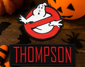 Child Toddler Kid Ghostbusters NAME Tag & No Ghost Logo Hook Loop PATCH Halloween Costume Pack Ghost Buster Costume Jumpsuit Applique Gift