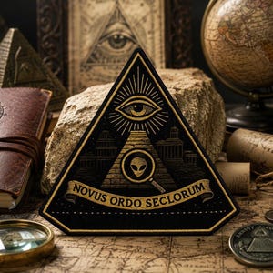 Könnte beinhalten: Ein dreieckiger schwarzer Aufnäher mit Goldstickerei, der das Auge der Vorsehung über einer Pyramide zeigt. Die Pyramide enthält einen Alien-Kopf in einer Lupe, flankiert von architektonischen Silhouetten. Ein Banner trägt NOVUS ORDO SECLORUM.
