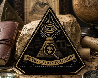 Può includere: Una toppa triangolare nera con ricami dorati raffigurante l'occhio della provvidenza sopra una piramide. La piramide contiene una testa aliena all'interno di una lente d'ingrandimento, fiancheggiata da sagome architettoniche. Un nastro reca NOVUS ORDO SECLORUM.