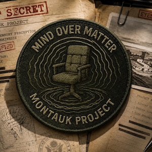 Op de afbeelding: Een ronde geborduurde patch met een centrale bureaustoel omringd door concentrische golvende lijnen. De tekst "MIND OVER MATTER" staat in een boog bovenaan en "MONTAUK PROJECT" in een boog onderaan in goudkleurig draad.
