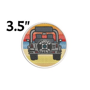 May include: A 3.5 inch embroidered patch featuring a black Jeep with a "Wander Often" tire cover against a retro sunset background.