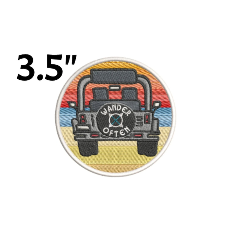 May include: A 3.5 inch embroidered patch featuring a black Jeep with a "Wander Often" tire cover against a retro sunset background.