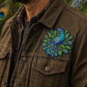 Pu&ograve; includere: Giacca di jeans marrone con una vivace toppa a forma di pavone. La toppa presenta un pavone blu con una coda dettagliata e dettagli verdi e blu. La giacca ha chiusure con bottoni e due tasche sul petto.