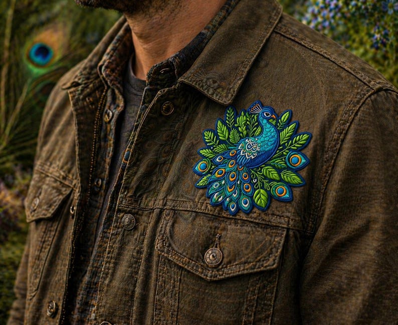 Pu&ograve; includere: Giacca di jeans marrone con una vivace toppa a forma di pavone. La toppa presenta un pavone blu con una coda dettagliata e dettagli verdi e blu. La giacca ha chiusure con bottoni e due tasche sul petto.