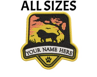 Iron-on Custom Name Patch/Personalized Text Patch/Lion Logo/Zoo Patch/Africa Badge/Embroidered Applique/Nature Lover Gift/Wild Animal Patch
