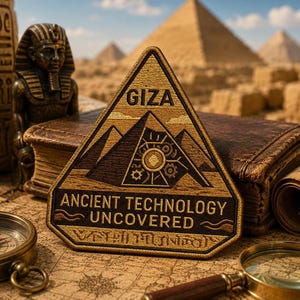 Op de afbeelding: Een driehoekige geborduurde patch met een donkerbruin piramideontwerp met tandwielmotieven, de tekst GIZA en de woorden ANCIENT TECHNOLOGY UNCOVERED in gouddraad op een beige achtergrond, afgewerkt met een donkerbruine rand.