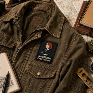 May include: A rectangular embroidered patch featuring a cartoon illustration of a person with red hair wearing a dark blazer with arms crossed, positioned above the text "QUESTION EVERYTHING" in white capital letters on a dark background.