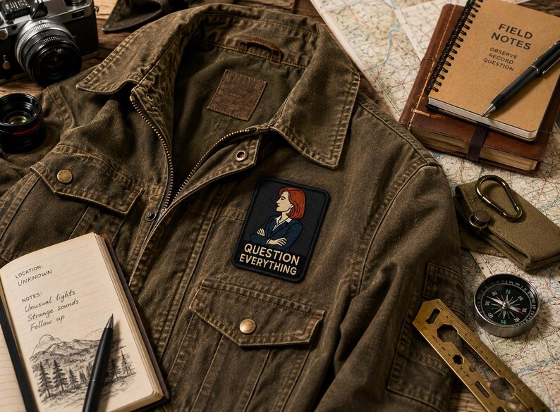 May include: A rectangular embroidered patch featuring a cartoon illustration of a person with red hair wearing a dark blazer with arms crossed, positioned above the text "QUESTION EVERYTHING" in white capital letters on a dark background.