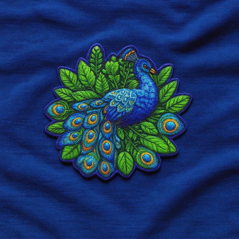 Pu&ograve; includere: Toppa ricamata con pavone nei toni del blu, verde e oro. Il pavone &egrave; circondato da foglie verdi. La toppa &egrave; probabilmente per abbigliamento o accessori, su sfondo blu.