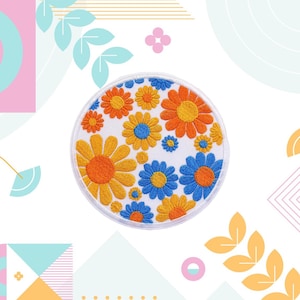Retro Floral Patch – Flower Power Badge for Clothing & Bags, Daisy Garden Patch, Hippie Flower Patch, Iron-On Embroidered Applique