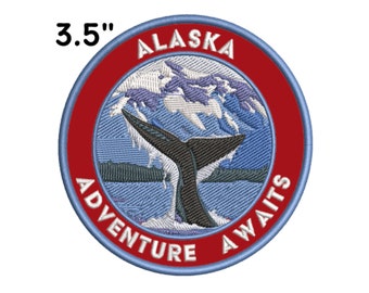 Adventure Awaits in Alaska Patch Embroidered 3.5" DIY Iron On Applique Vest Jacket Clothing Backpack, Nature Badge Travel Souvenir Gift