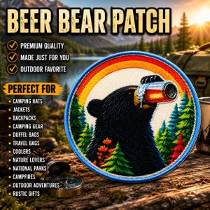 Beer Bear Patch/Iron-on Patch/Wild Animal Badge/Nature Hiking & Camping/National Park/Sew-On Applique for Clothing Vest/Jacket Hats Backpack
