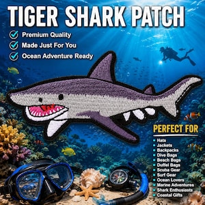 Tiger Shark Patch/Iron-On Patch/Diving Patch/Surfing Patch/Surfer Gift/Embroidered DIY Sew-On Applique for Clothing, Bags, Divers Gear