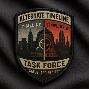 Può includere: Toppa nera e beige con le parole "ALTERNATE TIMELINE" e "TASK FORCE". La toppa presenta un design diviso con paesaggi urbani e un oggetto a forma di campana. È incluso anche il testo "SAFEGUARD REALITY".