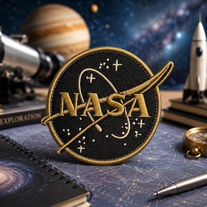 Op de afbeelding: Een ronde geborduurde patch met een zwarte achtergrond en gouden stiksels. Het ontwerp bevat de tekst NASA in een vetgedrukt gouden lettertype, een gouden orbitale zwaai en kleine gouden sterpictogrammen verspreid over het ronde oppervlak.
