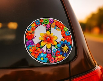 Flower Peace Sign Sticker, Vinyl Stickers Decals, Colorful Wildflower Sticker, Retro, Boho, 70's Decal - Car Truck Window Bumper Graphics