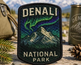 Denali National Park Patch/Iron-On Patch/Northern Lights/Hiking & Camping/Nature Badge/Sew-On Applique for Clothing Vest/Jacket Hat Backpack