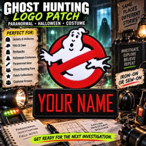 May include: A circular embroidered patch featuring a white ghost character inside a red circle with a diagonal slash, positioned above a rectangular black patch with the red embroidered text YOUR NAME in a bold, sans-serif font.