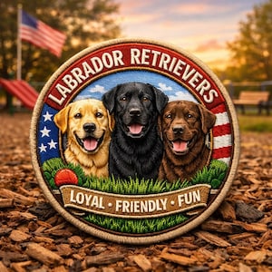 May include: A circular patch featuring three Labrador Retrievers: yellow, black, and brown. The patch has the words "LABRADOR RETRIEVERS" and "LOYAL FRIENDLY FUN" in a red, white, and blue design, with an American flag in the background.