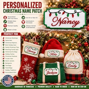 May include: A rectangular embroidered name patch featuring a white background, a green border, and a string of red and green Christmas lights above a custom name in red script. The patch is shown applied to a stocking, hat, bag, and tote.