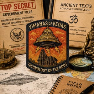 May include: A rectangular embroidered patch with a black border featuring the text VIMANAS OF VEDAS at the top and TECHNOLOGY OF THE GODS at the bottom. The center depicts a golden temple structure beneath a flying saucer emitting smoke clouds.