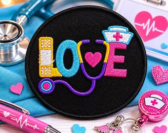Nurse Patch w/Stethoscope & Love Embroidered Iron-on Applique for Uniform, Backpack, Badge for LPNs, Nursing Grads, Nurse Appreciation Week