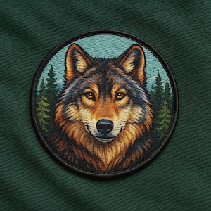 Peut inclure: Écusson brodé rond représentant un loup avec une fourrure orange, marron et noire détaillée. Le loup est placé sur un fond turquoise avec des pins et une chaîne de montagnes. L'écusson a une bordure noire.