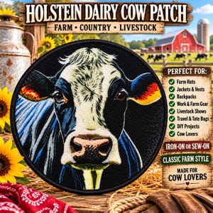 May include: A circular embroidered patch featuring a detailed portrait of a black and white Holstein dairy cow. The cow has a white face with black patches around the eyes and ears, and a pinkish nose. The patch has a thick black border.