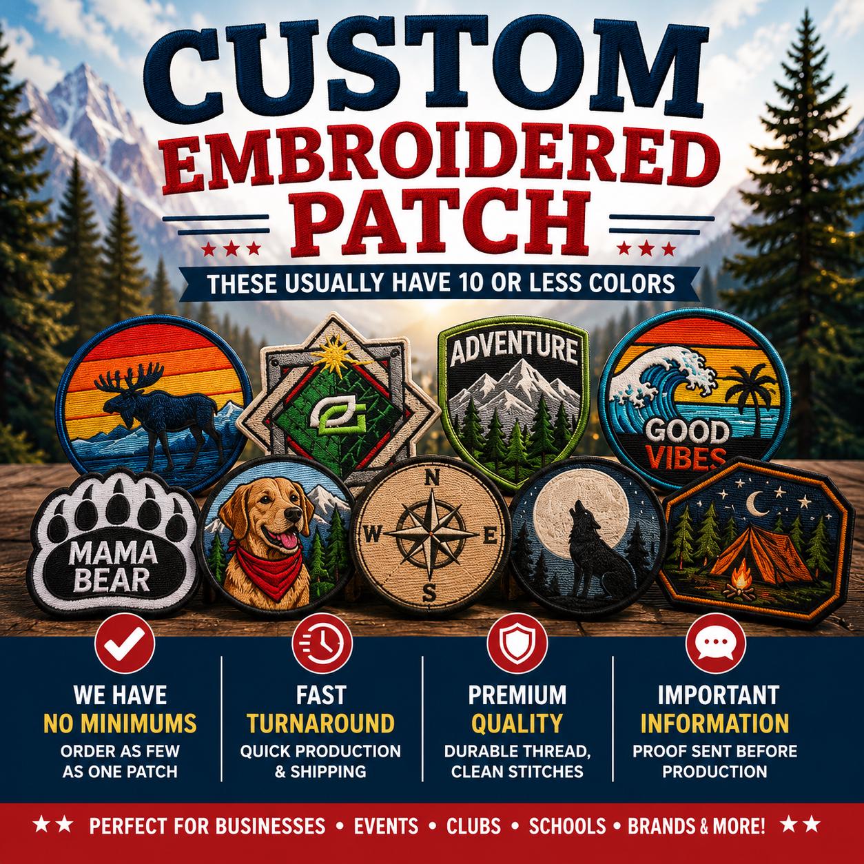 CUSTOM Embroidered Patch - Up To 11" - Iron/Sew-on/Hook - Personalized Business Logo - Your Design for Gifts Art Projects Bags Hats Clothing