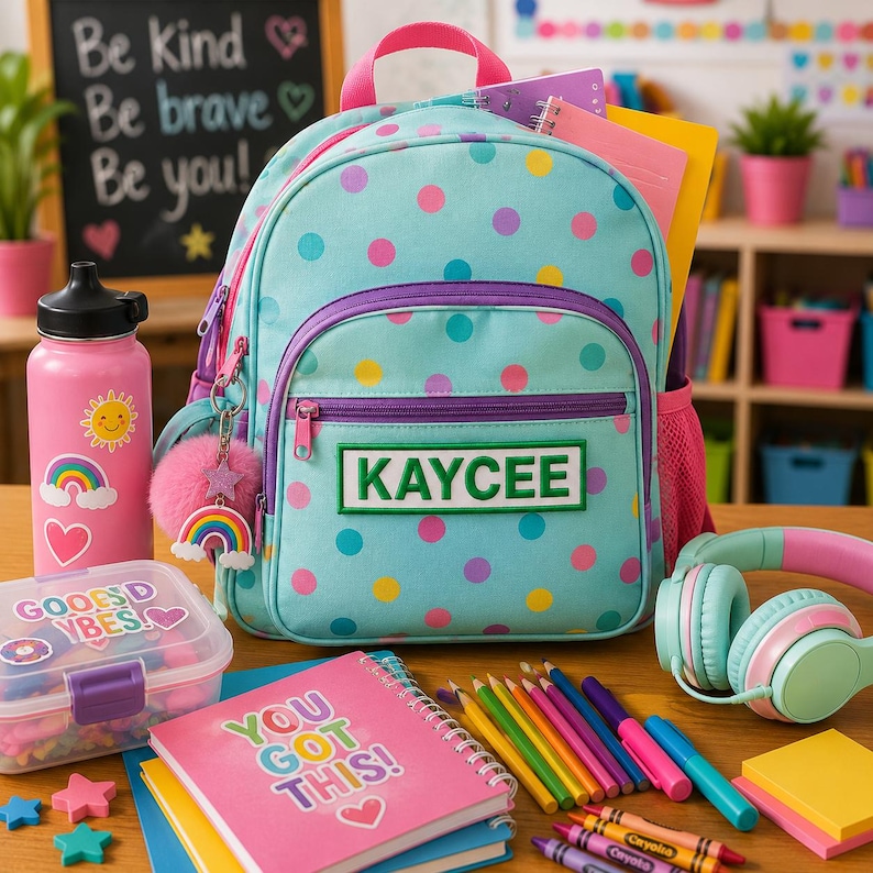 K&ouml;nnte beinhalten: Ein hellblauer Rucksack mit bunten Punkten und einem rechteckigen Aufn&auml;her mit der Aufschrift KAYCEE. Der Rucksack hat einen rosa Tragegriff, violette Rei&szlig;verschl&uuml;sse und einen rosa Bommel-Schl&uuml;sselanh&auml;nger, umgeben von Trinkflasche und Heften.