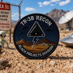 May include: A circular patch with the text "TR-3B RECON BLACK PROJECTS DIVISION" in white lettering. The patch features a black triangle, a lightning bolt, and images of aircraft. The background includes a desert landscape, an Area 51 sign, and a model alien.