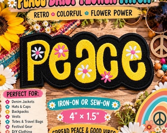 Peace w/Daisy Flower Patch 4"x1.5" Embroidered Iron-On Retro Applique for Jackets & Backpacks, for Clothes and Vests, 70s Peace Patch