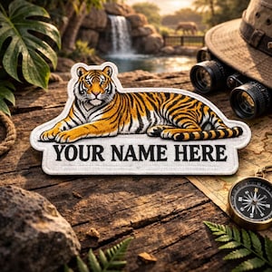 Custom Name Patch Tiger w/Personalized Text Embroidered Iron-on Applique for Clothing, Backpack, Wild Animal Patch, Zoo Patch, Big Cat Patch