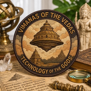 May include: A round patch with the text "VIMANAS OF THE VEDAS TECHNOLOGY OF THE GODS" in gold lettering. The patch features a brown, tiered, flying structure and two temple-like structures against a cloudy sky background.
