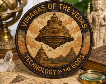 Peut inclure: Un écusson rond avec le texte "VIMANAS OF THE VEDAS TECHNOLOGY OF THE GODS" en lettres dorées. Il présente une structure volante marron à plusieurs niveaux et deux temples sur fond de ciel nuageux.
