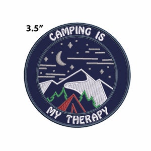 Camping Is My Therapy Mountains Moon Stars Patch Embroidered DIY Iron-On Applique Clothing Vest Jacket Nature Forest Badge Hiking Trail Cool