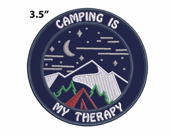Camping Is My Therapy Mountains Moon Stars Patch Embroidered DIY Iron-On Applique Clothing Vest Jacket Nature Forest Badge Hiking Trail Cool