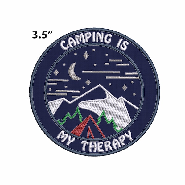 Camping Is My Therapy Mountains Moon Stars Patch Embroidered DIY Iron-On Applique Clothing Vest Jacket Nature Forest Badge Hiking Trail Cool