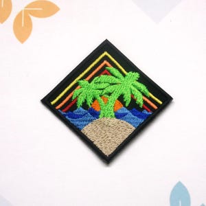 Ocean Waves w/Palm Trees Patch Embroidered Iron-On Applique for Tote Bags & Backpacks, Tropical Vibes, Beach Patch, Travel Souvenir Gifts