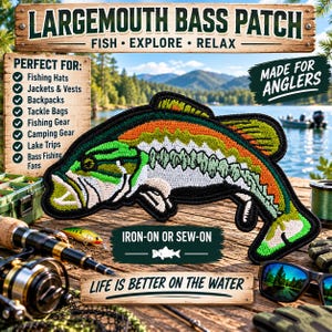 May include: An embroidered patch shaped like a largemouth bass with green, orange, and white thread details. The patch features a black border and is designed for iron-on or sew-on application. The design depicts the fish in a swimming pose.