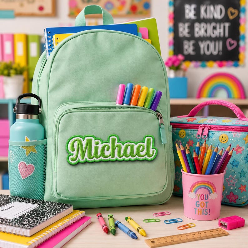 K&ouml;nnte beinhalten: Ein hellgr&uuml;ner Rucksack mit dem Namen Michael in wei&szlig;er Schreibschrift auf der Vordertasche. Der Rucksack hat eine seitliche Netztasche mit einer hellgr&uuml;nen Trinkflasche mit Herz- und Sternaufklebern sowie sechs bunte Filzstifte vorne.