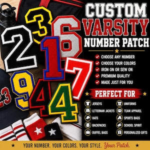 High School Varsity Numbers Patch College Letterman Jacket Embroidered Iron-on/Sew-on Applique Football Baseball Jersey Multiple Team Colors