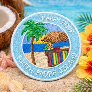 South Padre Island Beach Patch/Iron-On Patch/Tropical Vibe/Happy Hour at Tiki Bar/Embroidered Sew-On Applique for Clothing Tote Bag Hats