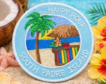 South Padre Island Beach Patch/Iron-On Patch/Tropical Vibe/Happy Hour at Tiki Bar/Embroidered Sew-On Applique for Clothing Tote Bag Hats