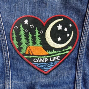 Camp Life Patch w/Moon Stars & Tent in Forest, Heart Patch Embroidered Iron-On Badge for Backpack, Jacket, Vest, Mountain Patch Nature Patch